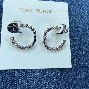 Tory Burch Polished Silver Beaded C-Hoop Earrings